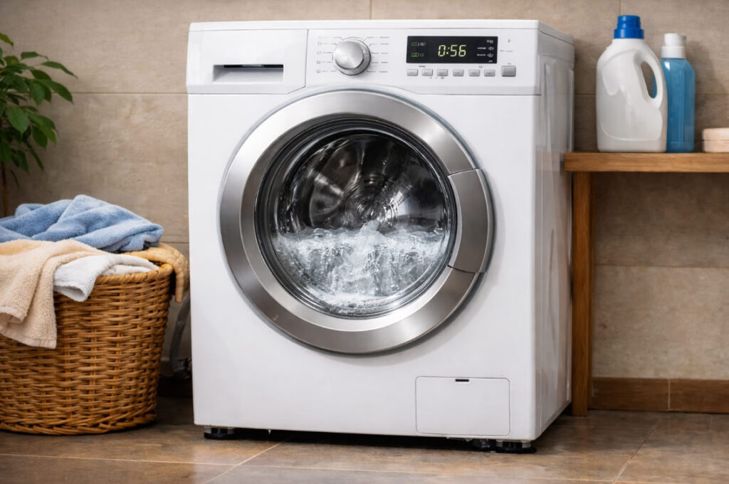 Стиральная машина медленно набирает воду перед началом стирки
