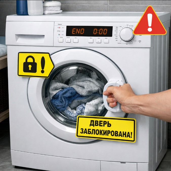Стиральная машина с заблокированной дверцей после стирки