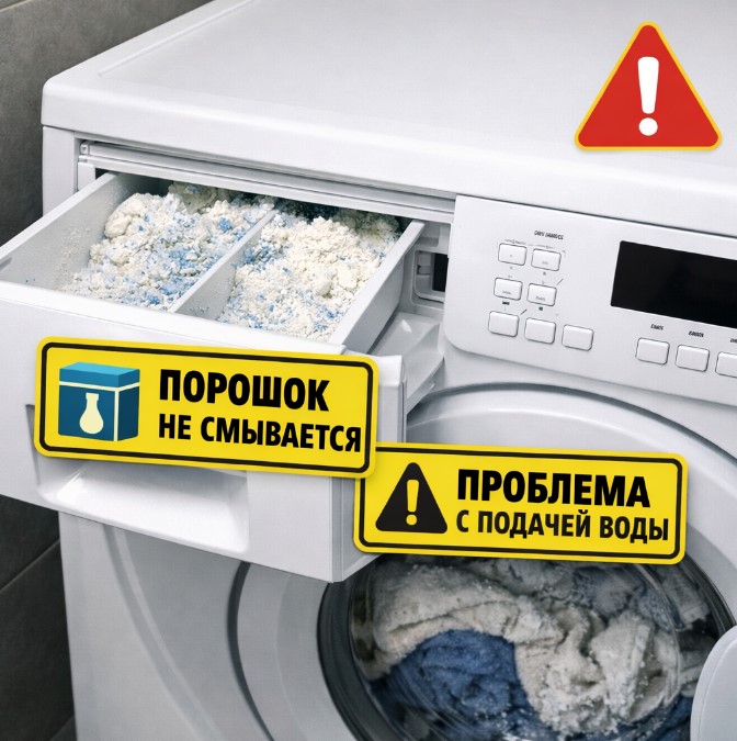 Стиральная машина с открытым лотком, в котором остался несмытый стиральный порошок после стирки