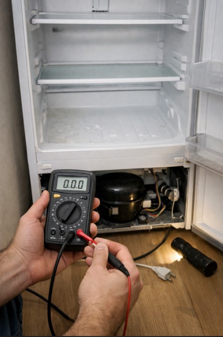 Открытый холодильник после разморозки, мастер проверяет мультиметром напряжение, холодильник не включается