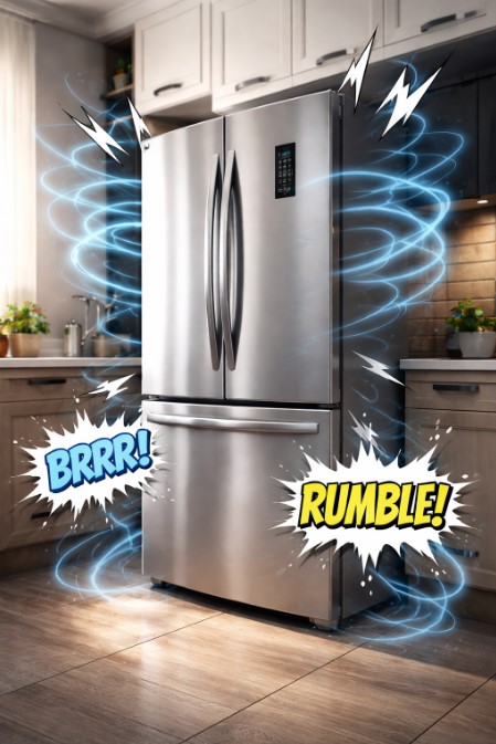 Современный холодильник на кухне издает сильный шум и вибрацию, визуально показаны звуковые волны