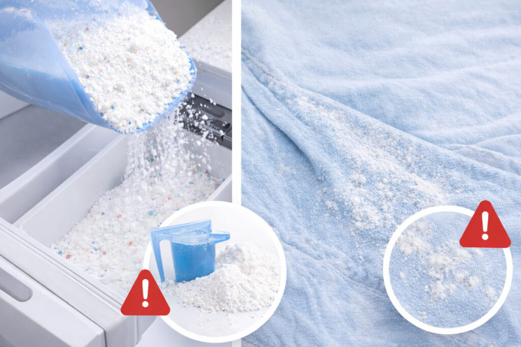 Избыточное количество стирального порошка и белые следы моющего средства на ткани после стирки