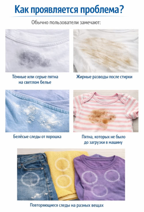 Инфографика: тёмные и жирные пятна, следы порошка и разводы на одежде после стирки в стиральной машине